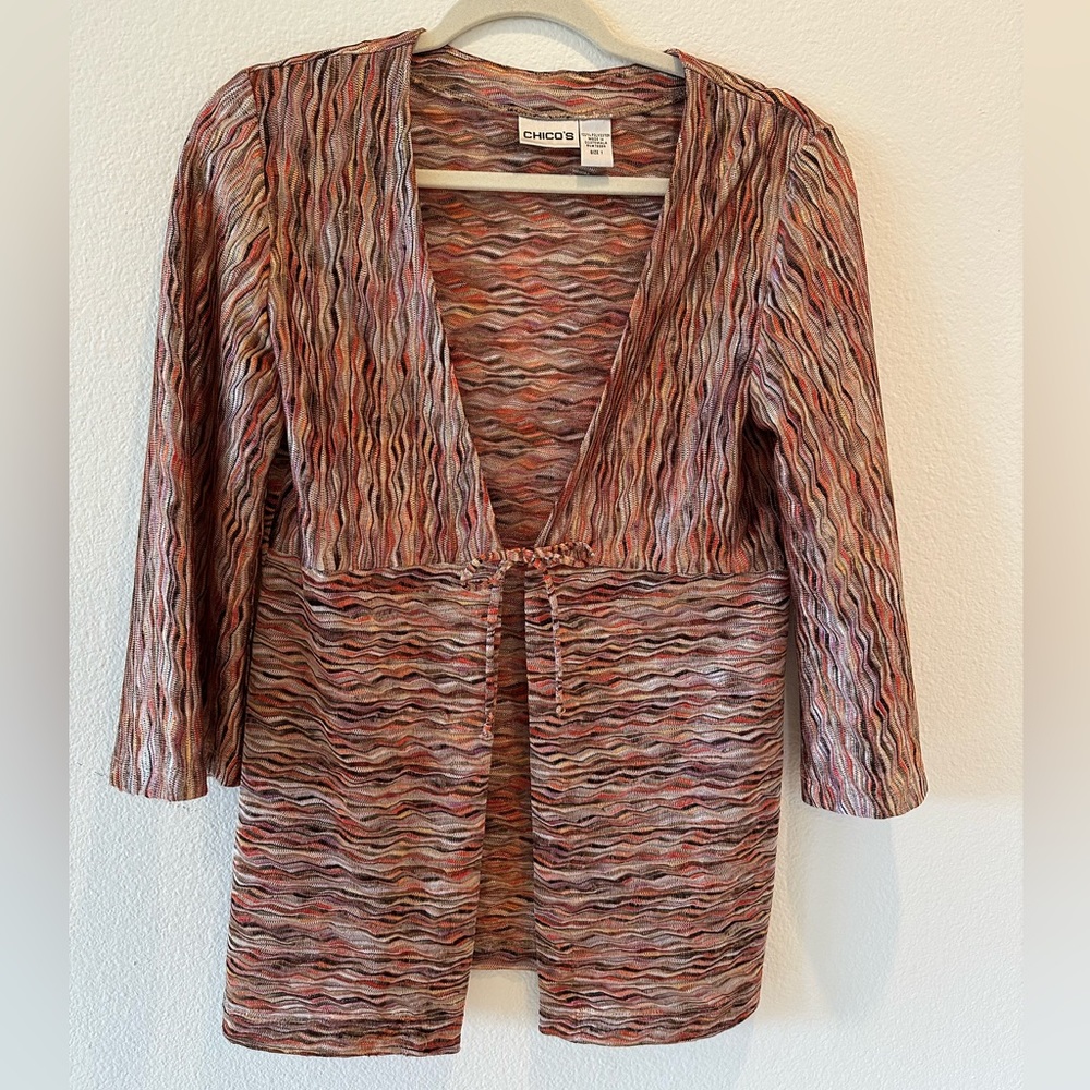 Chico’s Metallic Woven Tie-Up Cardigan (Size 1)
